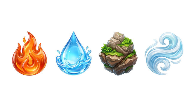 Four elemental nature icons set, stylized fire water earth and air symbols, fantasy game assets on white background, magic power element illustrations