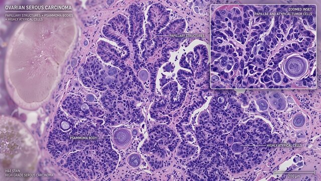 Histological section of an ovary showing serous carcinoma with characteristic papillary structures, psammoma bodies, and highly atypical malignant cells, with a zoomed inset highlighting tumor cells