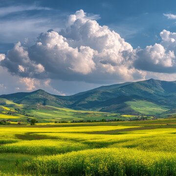 Vast Green Landscape with Rolling Hills Bright Yellow Fields and Dramatic Cloudy Sky