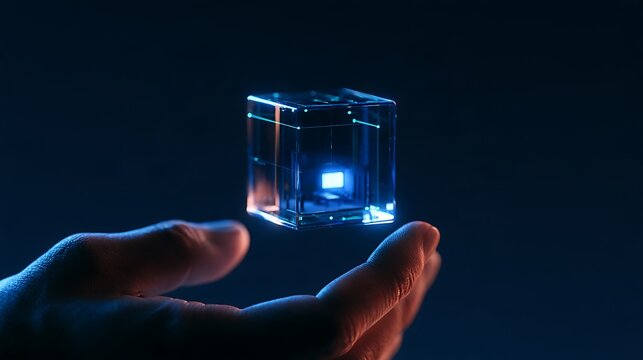 Futuristic glowing glass cube floating above a human hand in dark space
