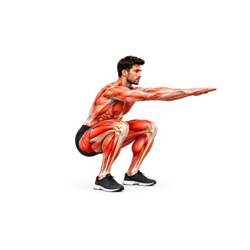 Human Male Performing Deep Squat Exercise With Highlighted Leg Muscles, Isolated On Pure White Background, Medical Anatomy And Fitness Illustration