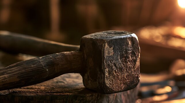 Vintage heavy blacksmith hammer lying on anvil in traditional forge workshop.