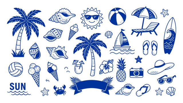 A hand drawn collection of tropical holiday symbols including palm trees and ocean waves for your creative design projects