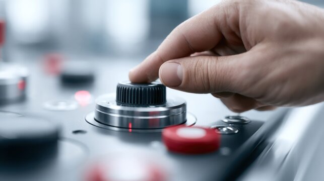 A close-up shot of a person's finger turning a knob on a control panel. The panel has various buttons and lights, suggesting an industrial or technological setting