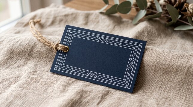 Elegant dark blue gift tag with intricate silver border pattern resting gracefully on natural beige linen fabric texture background
