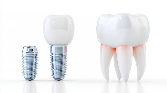 A dental implant and a tooth are displayed side by side, illustrating dental reconstruction and dentistry. The implant is made of titanium, with a crown on top, ready for placement in the jawbone.