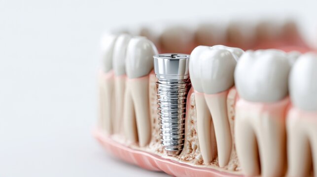 Dental implant model showing a titanium screw being inserted into the jawbone, surrounded by healthy gums and teeth