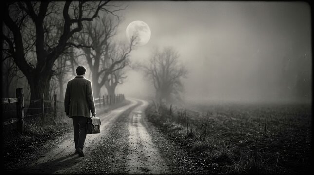 Vintage black and white cinematic horror scene of a man on a foggy road at night