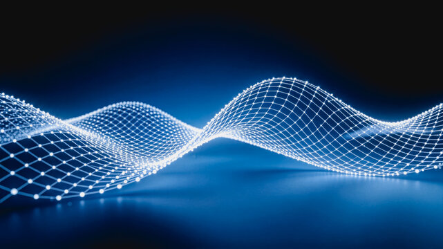 A glowing 3D digital mesh wave, representing data networks and modern technology concepts with a smooth blue background.