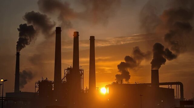 Sunset sky glowing behind industrial smokestacks with dramatic shadows and smoke plumes