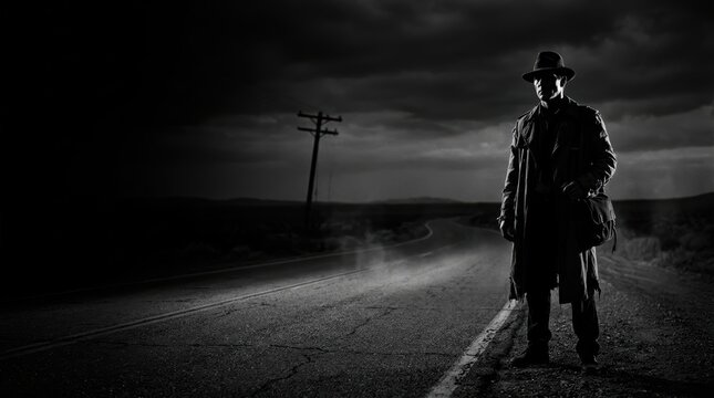 Mysterious Hitchhiker Silhouette on Dark Desert Highway at Night, Black and White Cinematic Noir Portrait with Large Copy Space