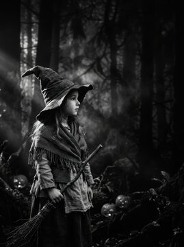 Cinematic low-key monochrome portrait of a child witch with a broom in a misty enchanted forest with copy space