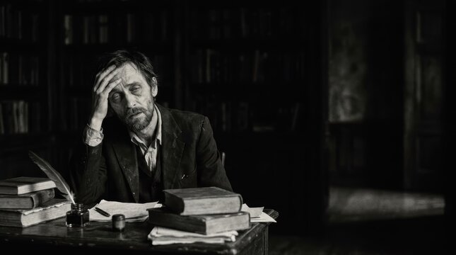 Stressed scholar in dark library with books and negative space, cinematic black and white photography depicting existential dread and academic obsession.