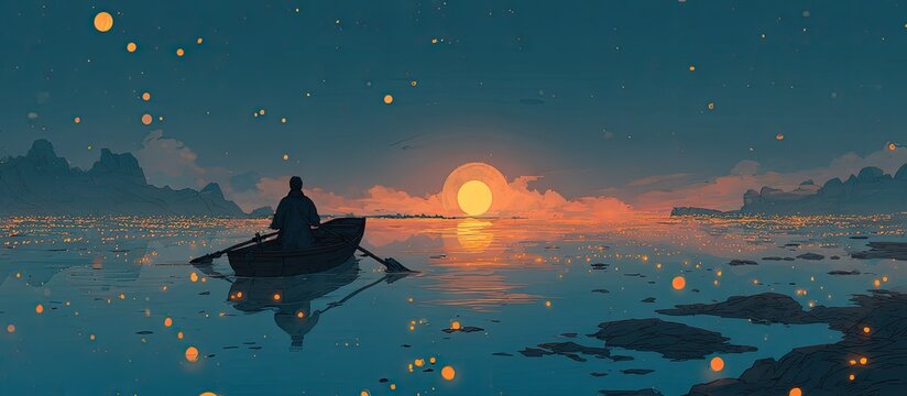Silhouette of a Person Rowing Boat on Calm Water at Sunset with Floating Lanterns and Mountain Background