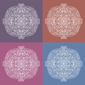 A collection of four identical abstract mandala emblems arranged in a 2x2 grid, each showcased against a different solid background color: purple, terracotta brown, magenta pink, and slate blue.