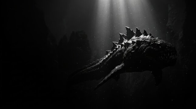 Monochromatic underwater horror featuring a massive deep-sea creature silhouette with dramatic lighting and negative space.