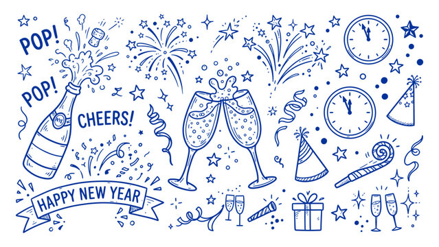 Festive celebration doodle elements featuring champagne glasses popping bottles and midnight clocks for holiday greetings and party invitation designs created with hand drawn blue sketch style