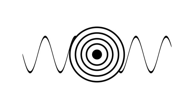 Black outline illustration of a sine wave passing through concentric circular ripples around a central dot showing wave propagation on plain white