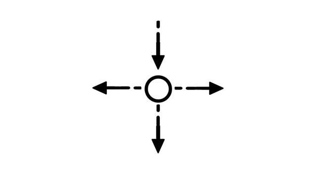Black and white diagram of a small circle with four arrows pointing around it showing force direction motion or energy emission on a white background