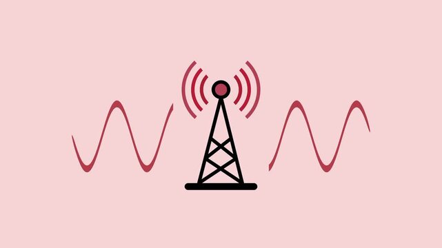 Illustration of a red radio tower emitting signal waves with a sine wave passing through it on a soft pink background showing wireless communication