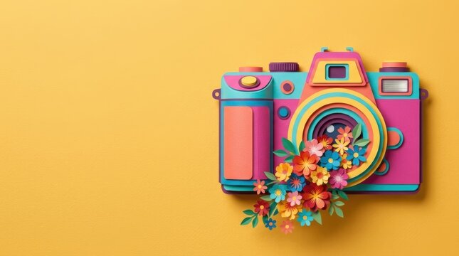 Colorful camera composition with floral arrangement vibrant 3D render illustration