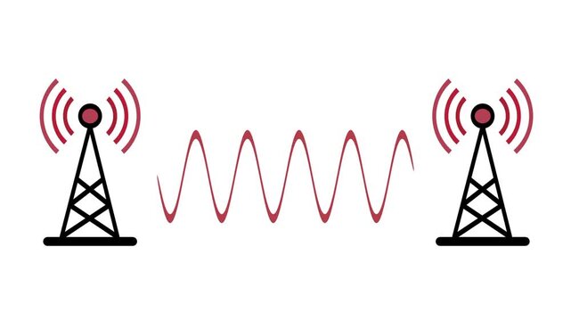 Illustration of two radio towers sending signals to each other with a wavy line between them representing wireless communication on a white background