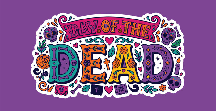 Day of the Dead colorful hand-drawn typography and skull doodle illustration