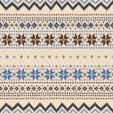 Neutral Blue Brown Nordic Fair Isle Pattern with Snowflakes and Geometric Scandinavian Knitted Winter Borders