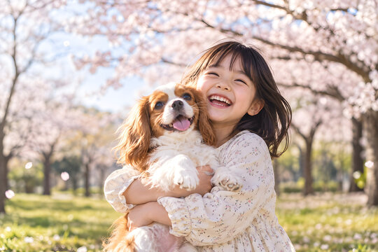 Japanese woman holding a small dog beneath cherry blossoms
