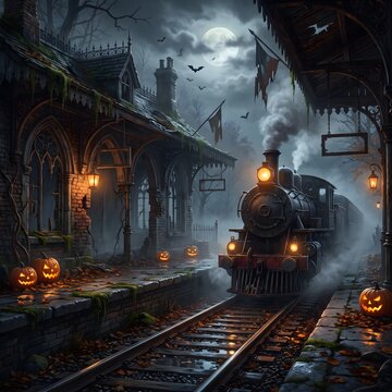 Steam locomotive train arriving at a spooky haunted station on Halloween night with ghost train