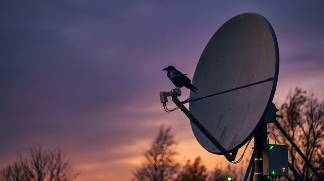 Black Raven Crow Perched on Telecommunication Satellite Dish Antenna at Sunset
