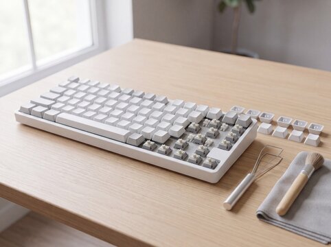 Mechanical keyboard keycap cleaning and maintenance setup with exposed switches and tools