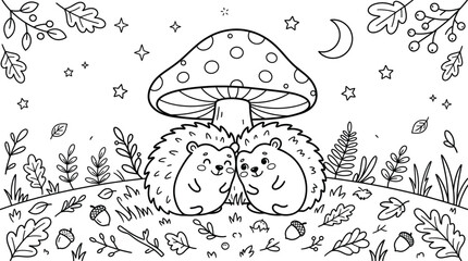 Fototapeta premium Cute hedgehogs under a large mushroom coloring page vector illustration with starry night background
