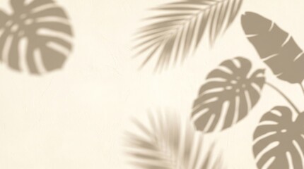 Soft sunlight casting beautiful monstera plant silhouettes on a neutral beige textured surface. © Thushara