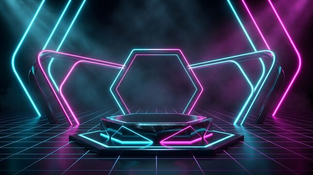 Cyberpunk Hexagonal Podium Stage with Neon Cyan and Magenta Arches and Grid
