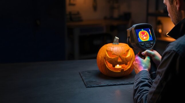 Technician Scanning Carved Pumpkin Heat with Handheld Thermal Infrared Camera