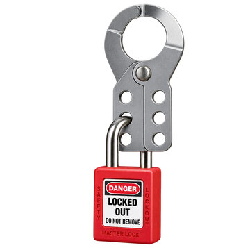 Industrial Red Safety Lockout Tagout Padlock and Steel Hasp on Transparent Background PNG