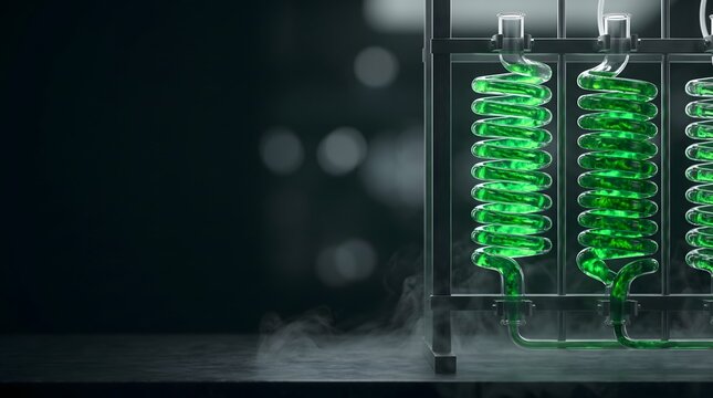 Laboratory Glass Spiral Bioreactor Culturing Glowing Green Bioluminescent Liquid