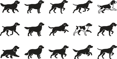 Obraz premium Set of running dog silhouettes in various poses and breeds for design projects