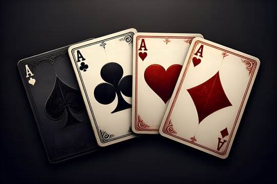 Set of four ace playing cards with suits on dark rustic wood background with warm lighting