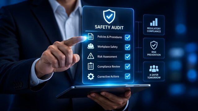 Safety audit and compliance concept, businessman holding tablet with holographic interface showing safety policies, risk assessment, workplace regulations and quality control procedures
