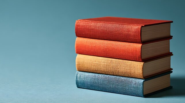 A stack of four colorful hardcover books arranged vertically on a solid blue background