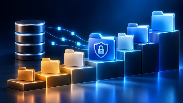Secure data storage and cloud computing concept, digital folders on glowing step graph connecting to database server, online backup, file management and information security architecture