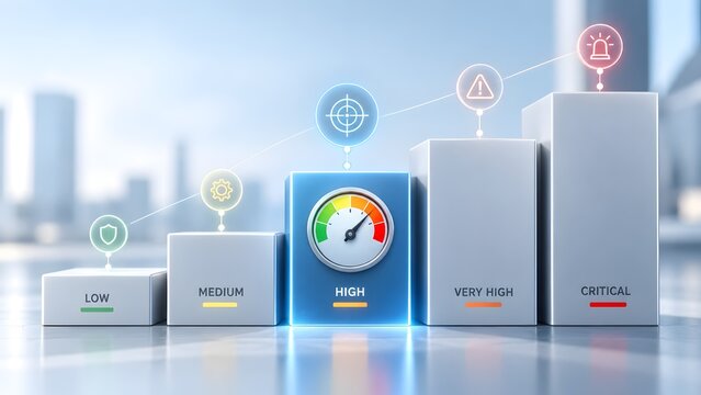 Risk management and assessment concept with performance gauge meter on bar chart showing increasing levels from low to critical