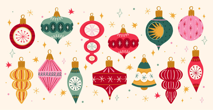 Mid century christmas baubles pattern with retro ornaments and stars