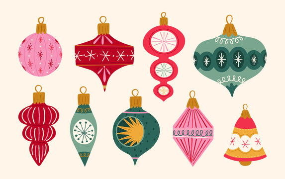 Vintage christmas ornaments set with mid century modern baubles and bells