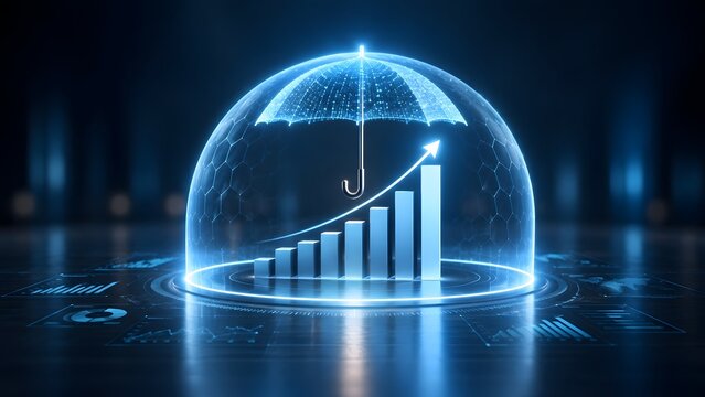 Business risk management and financial protection concept with glowing blue digital umbrella shielding growing bar chart and arrow