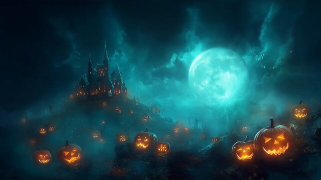 Spooky Halloween night with glowing jack-o'-lantern pumpkins and haunted castle under eerie full moon