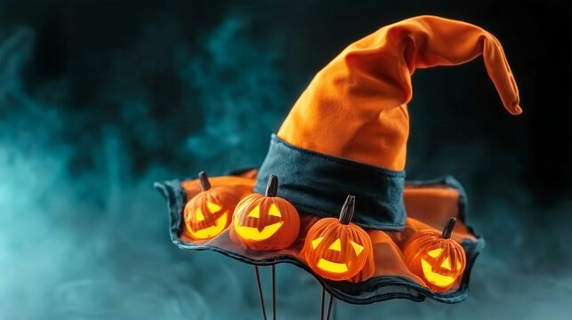 Spooky Orange Witch Hat Decorated with Glowing Jack-o-Lantern Pumpkins in Mysterious Halloween Smoke