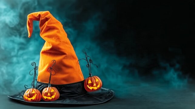 Spooky orange witch hat decorated with glowing jack-o'-lantern pumpkins on dark smoky background